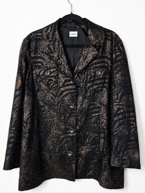 Chico's Large Metallic Bronze Black Animal Print Jacket Art to Wear Boho Large 2